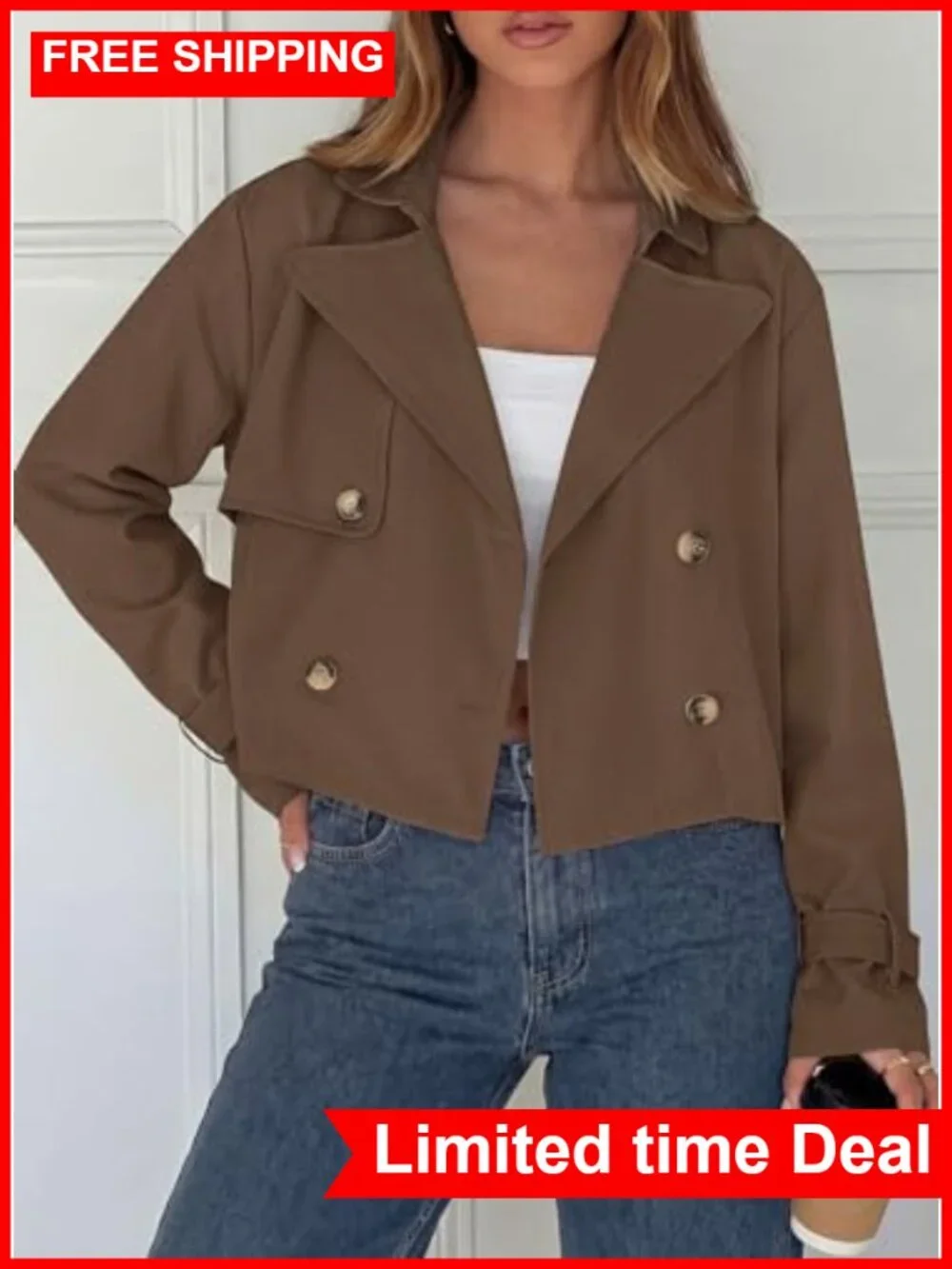 Cropped Trench Coat Double Breasted Loose Fit Lightweight Jacket